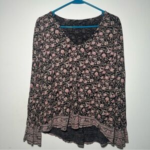 Lucky Brand Boho Floral High Low Hem V Neck Long Sleeve Blouse Large